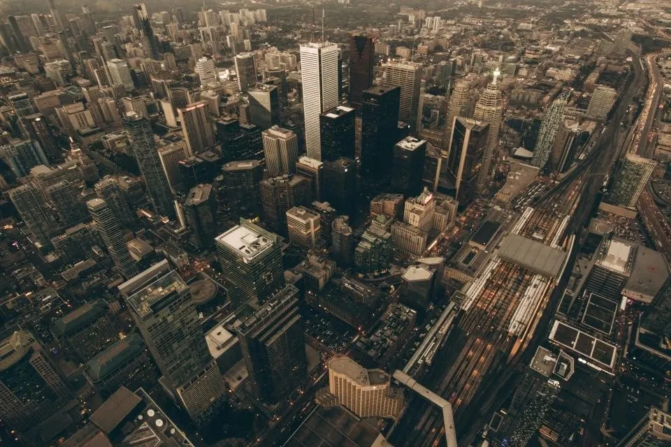 Aerial view of a dense city centre