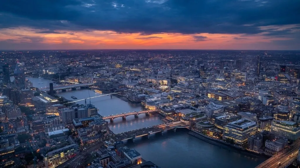City and river seen from above at dusk